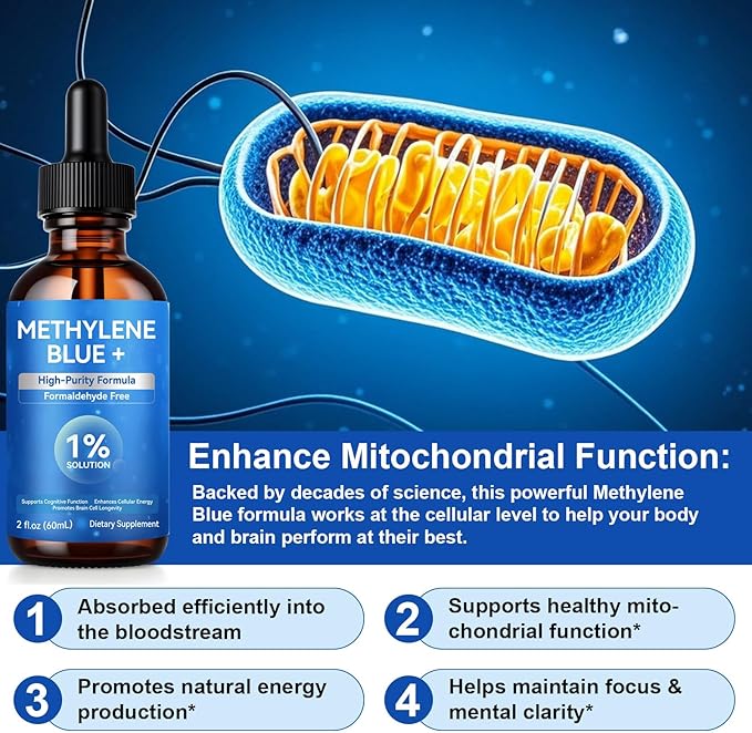 Methylene Blue 1% for Brain Health & Cognitive Support, Promotes The Body's Metabolism for Increased Absorption, Enhances Memory & Focus, No Formaldehyde, 60ml (2 Month Supply)