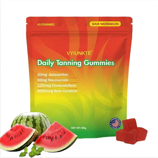 Daily Tanning Gummies for Adults Woman & Mens - 60 Sour Watermelon Flavor Gummies with Astaxanthin, Lycopene, and Beta Carotene for Support Skin Health