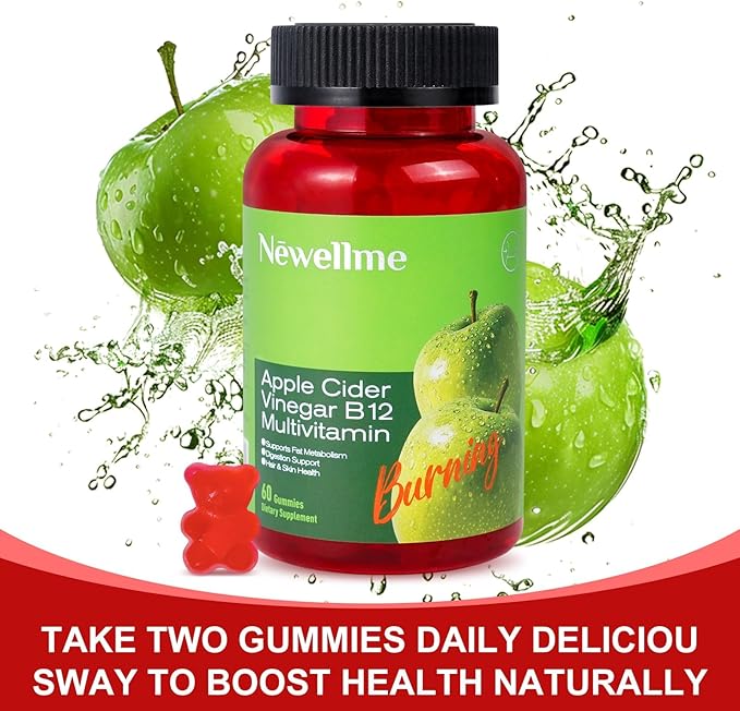 Newellme Apple Cider Vinegar B12 Multivitamin - Apple Cider Gummies - Apple Vinegar Cider, Gomitas de Vinagre de Manzana, Organic Apple Cider Vinegar Gluten-Free, Vegan & Non-GMO