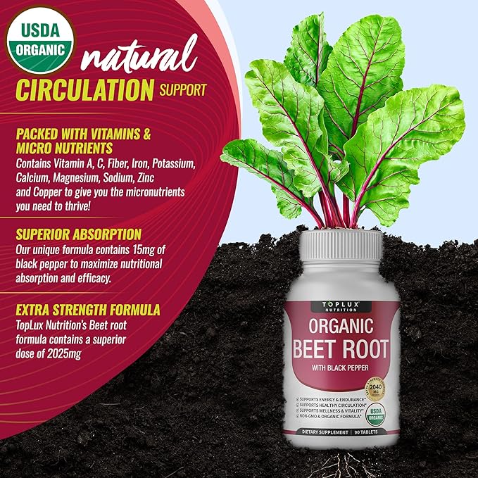 TopLux Organic Beet Root 2040mg – 90 Tablets – Energy, Circulation & Antioxidant