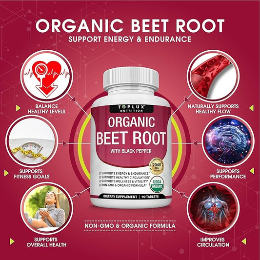 TopLux Organic Beet Root 2040mg – 90 Tablets – Energy, Circulation & Antioxidant