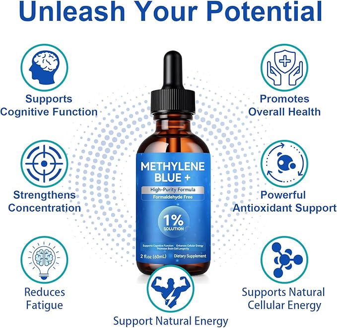 Methylene Blue 1% for Brain Health & Cognitive Support, Promotes The Body's Metabolism for Increased Absorption, Enhances Memory & Focus, No Formaldehyde, 60ml (2 Month Supply)