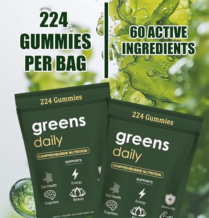 Greens Gummies - Organic Chlorella and Spirulina, Digestive & Gut Health, Formulated with 60+ Ingredients, Multi-Vitamins & Minerals, Daily Gummies, 224 Gummies Bear