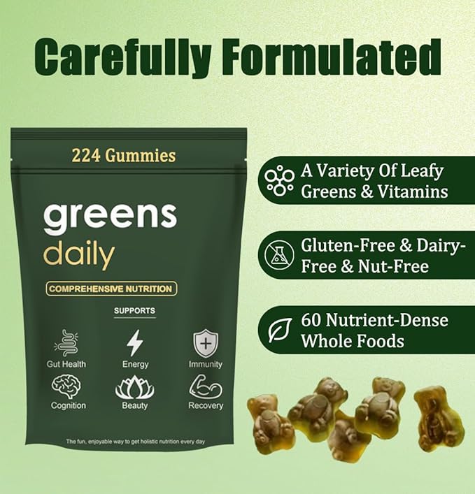 Greens Gummies - Organic Chlorella and Spirulina, Digestive & Gut Health, Formulated with 60+ Ingredients, Multi-Vitamins & Minerals, Daily Gummies, 224 Gummies Bear