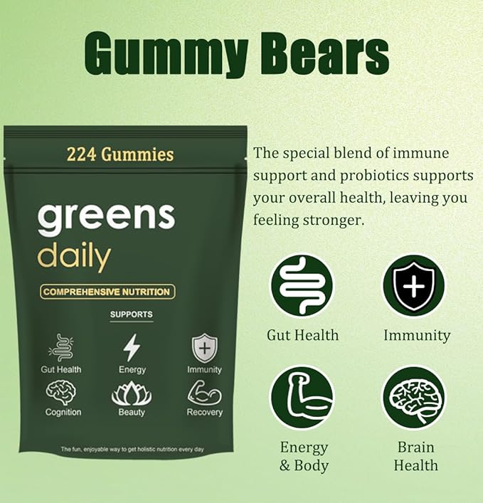 Greens Gummies - Organic Chlorella and Spirulina, Digestive & Gut Health, Formulated with 60+ Ingredients, Multi-Vitamins & Minerals, Daily Gummies, 224 Gummies Bear