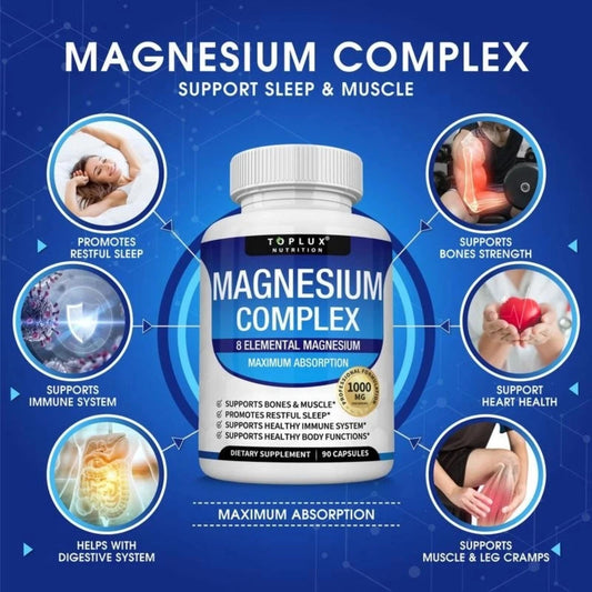 Magnesium Complex Supplement 8 Elemental 1000mg - Magnesium Glycinate, Citrate, Malate, Taurate, Chelated for Easy Absorption for Bones, Muscle, Recovery, Energy, Vegan Non-GMO 90 Capsules（副本）